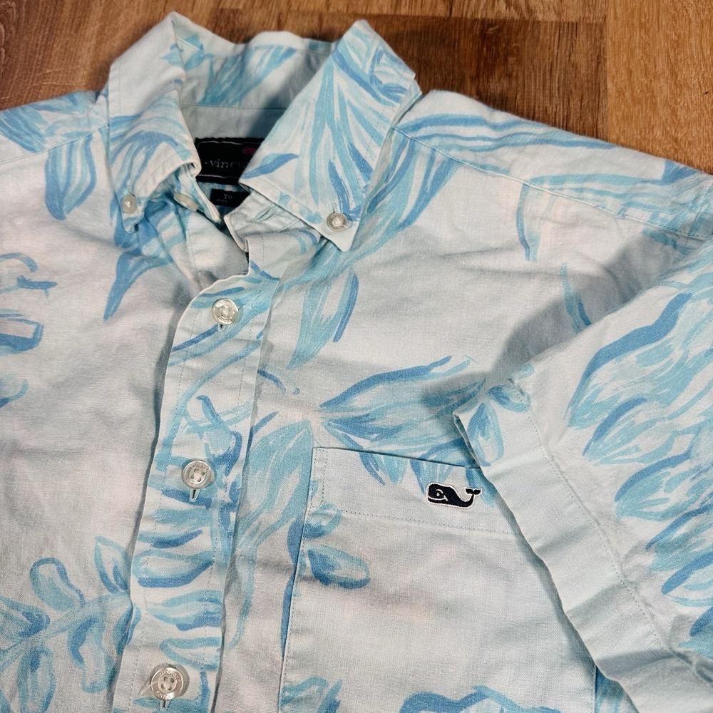 Vineyard Vines Shirt Men XS Blue Linen Blend Floral Hawaiian Short Sleeve Tucker